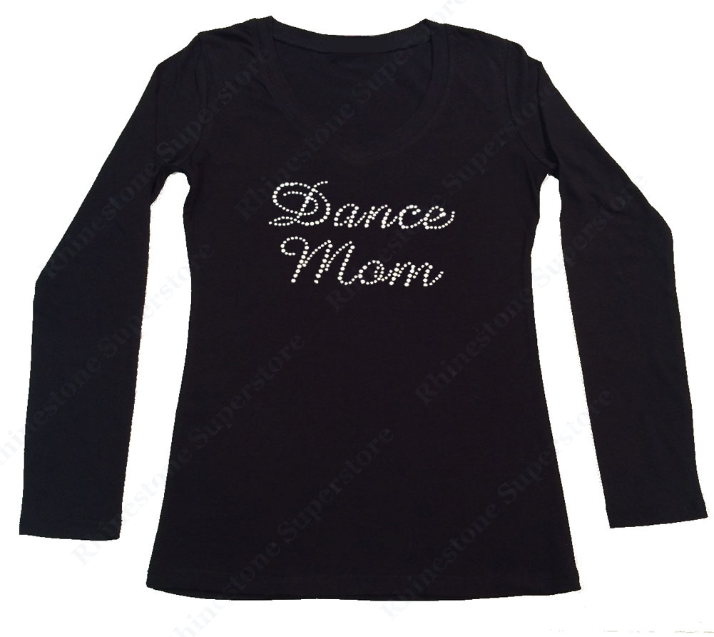Womens T-shirt with Dance Mom in Script in Rhinestones