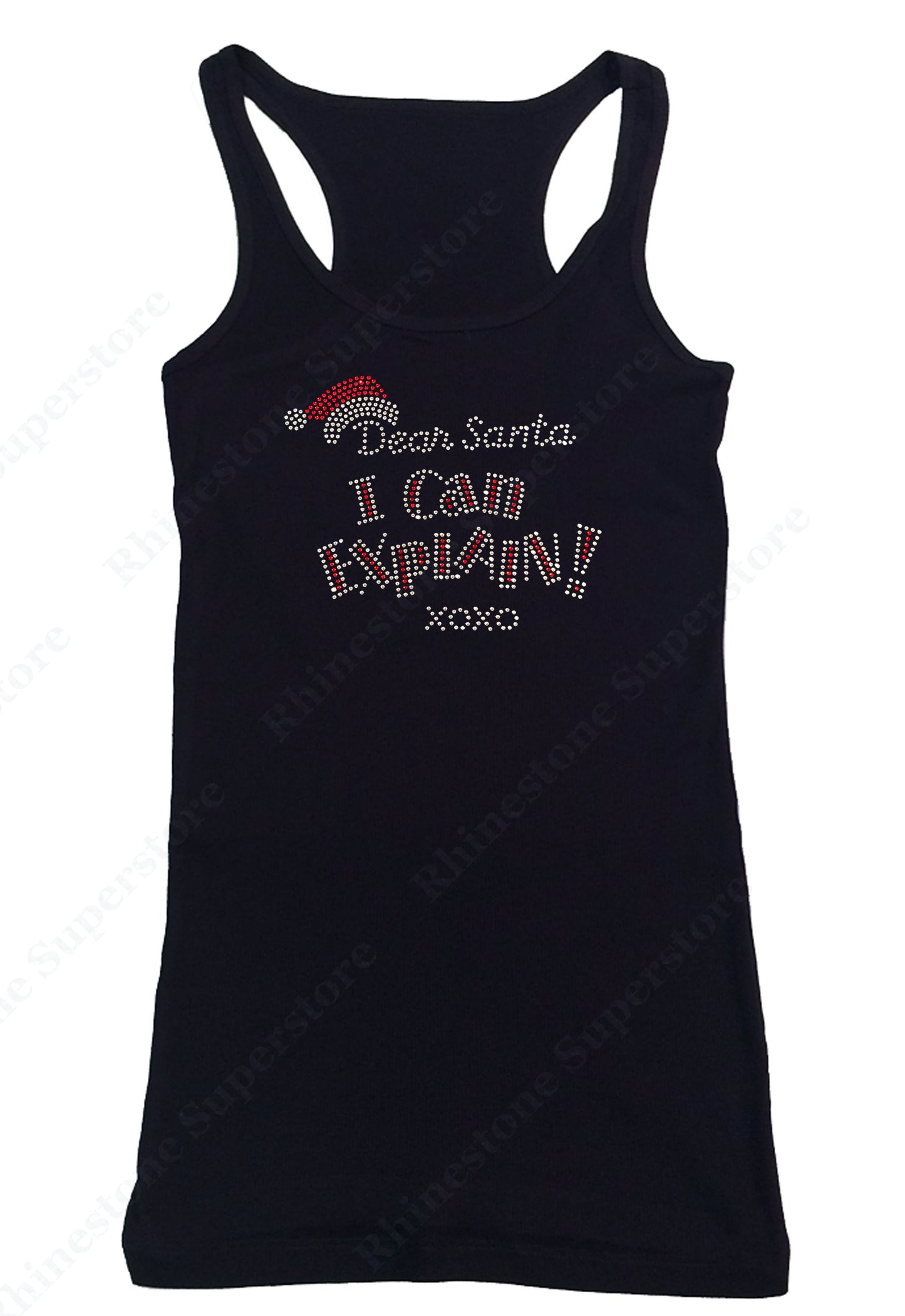 Womens T-shirt with Dear Santa I Can Explain XOXO in Rhinestones