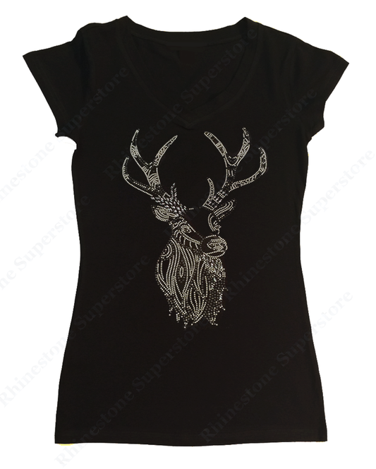 Womens T-shirt with Deer in Rhinestuds and Nail Heads