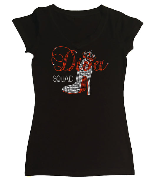 Womens T-shirt with Diva Squad w Crown in Rhinestones