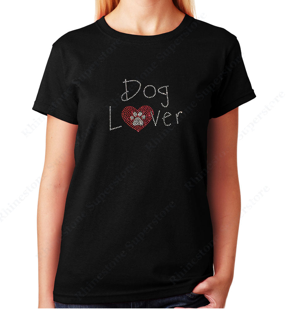 Women's / Unisex T-Shirt with Dog Lover with Heart and Paw in Rhinestones
