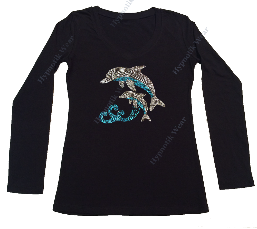 Womens T-shirt with Dolphins in Rhinestones