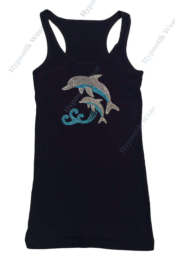 Womens T-shirt with Dolphins in Rhinestones