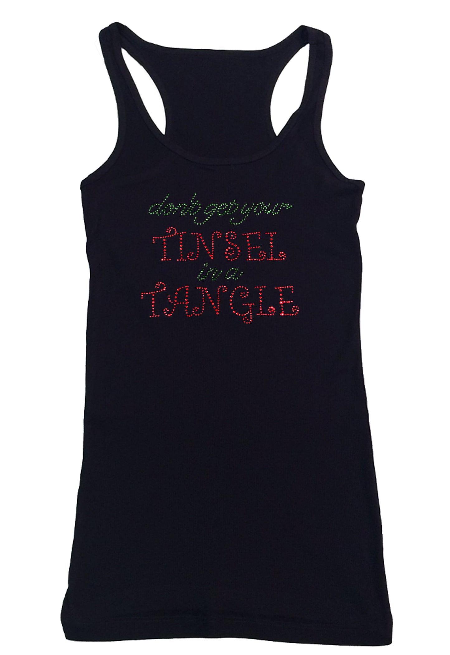 Womens T-shirt with Don't Get Your Tinsel in a Tangle in Rhinestones