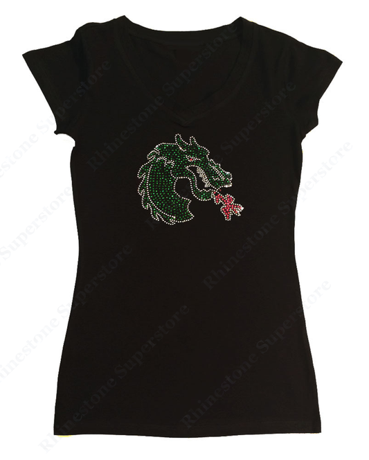 Womens T-shirt with Green Dragon with Flames in Rhinestones