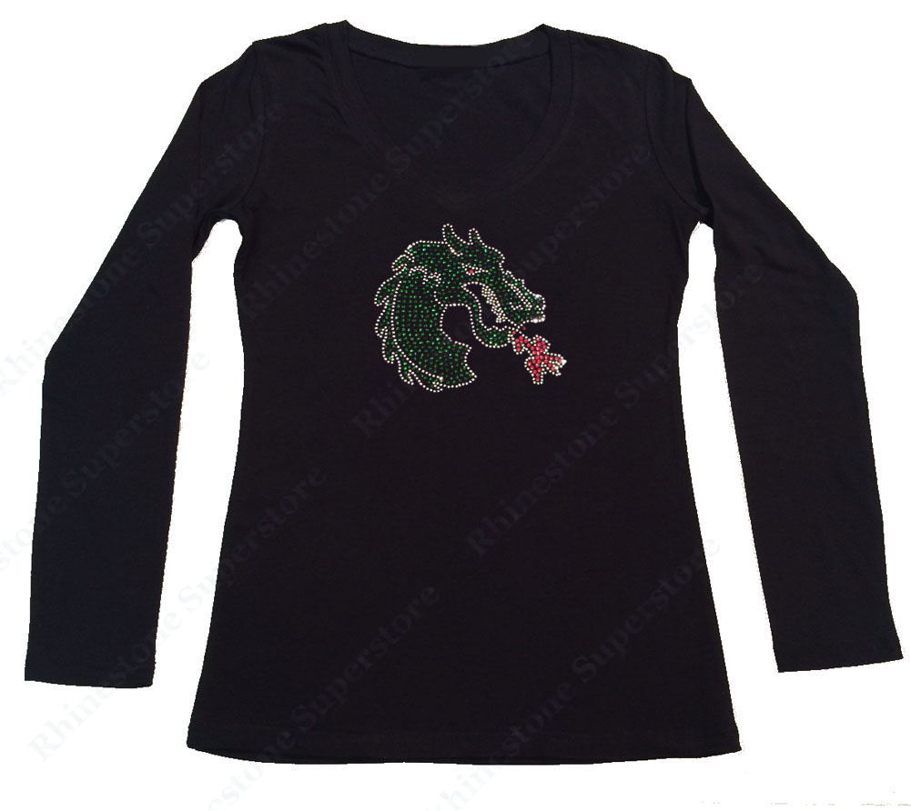 Womens T-shirt with Green Dragon with Flames in Rhinestones
