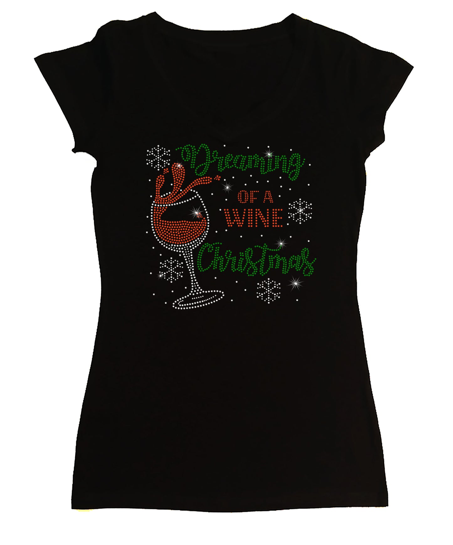 Women's Rhinestone Fitted Tight Snug Shirt Dreaming of a Wine Christmas - Wine Shirt, Christmas Shirt, Rhinestone Shirt