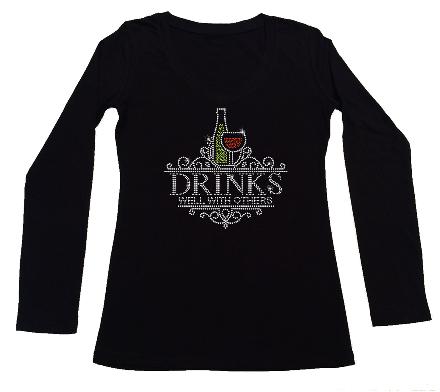 Women's Rhinestone Fitted Tight Snug Shirt Drinks Well with Others - Wine Glass and Wine Bottle