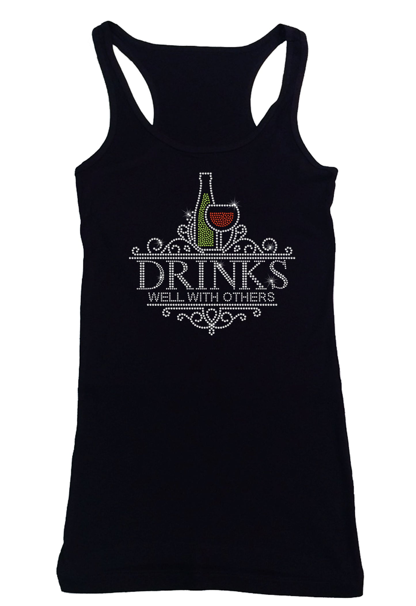 Women's Rhinestone Fitted Tight Snug Shirt Drinks Well with Others - Wine Glass and Wine Bottle