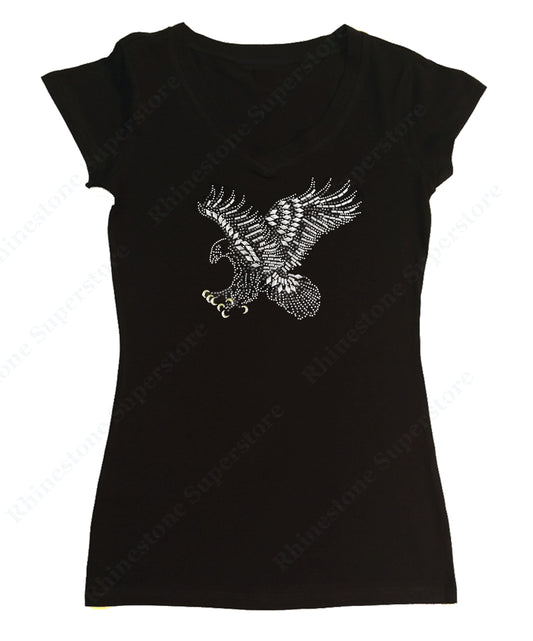 Womens T-shirt with Eagle Landing in Rhinestones