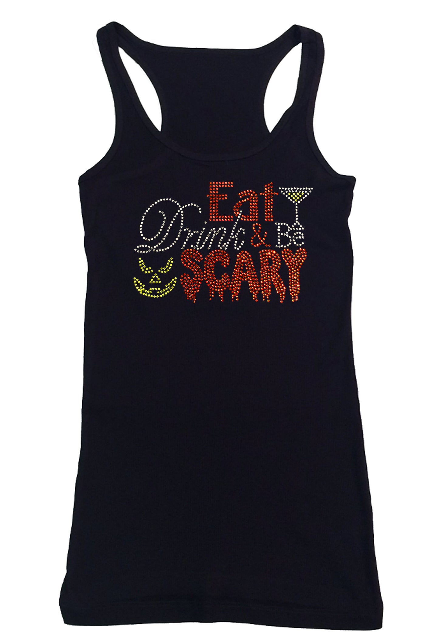 Womens T-shirt with Eat Drink Be Scary Halloween in Rhinestones