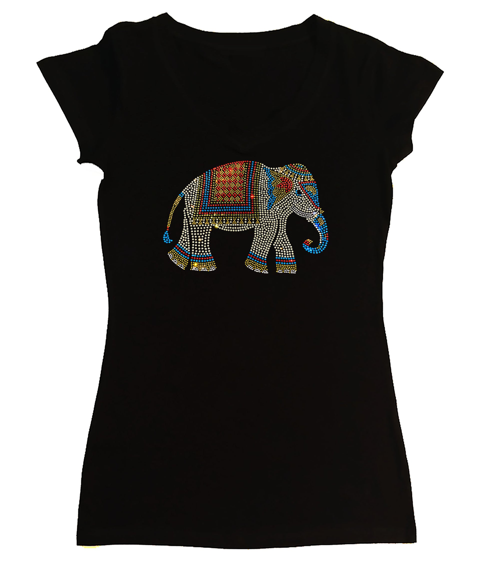 Women's Rhinestone Fitted Tight Snug Shirt Colorful Indian Elephant