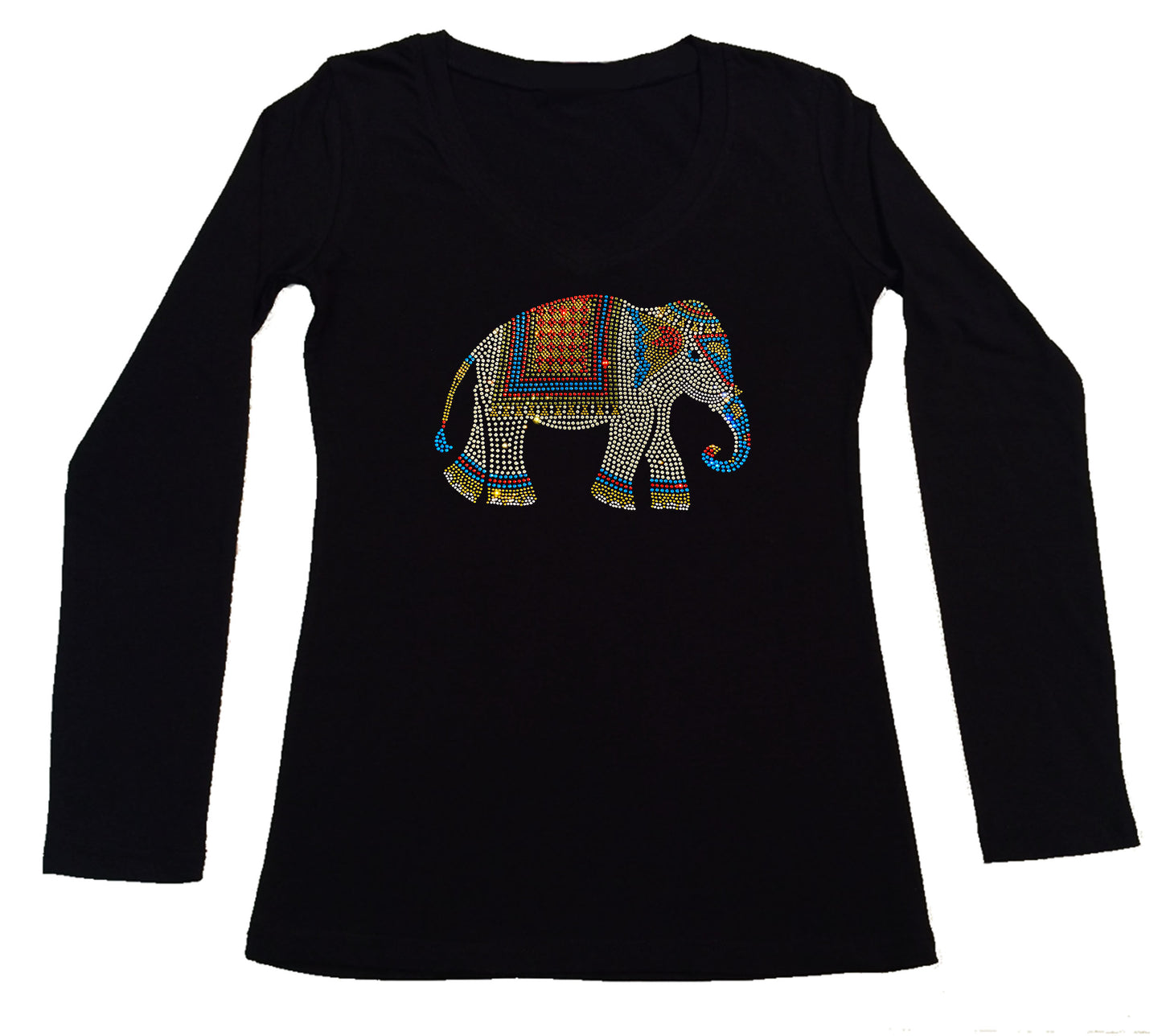 Women's Rhinestone Fitted Tight Snug Shirt Colorful Indian Elephant