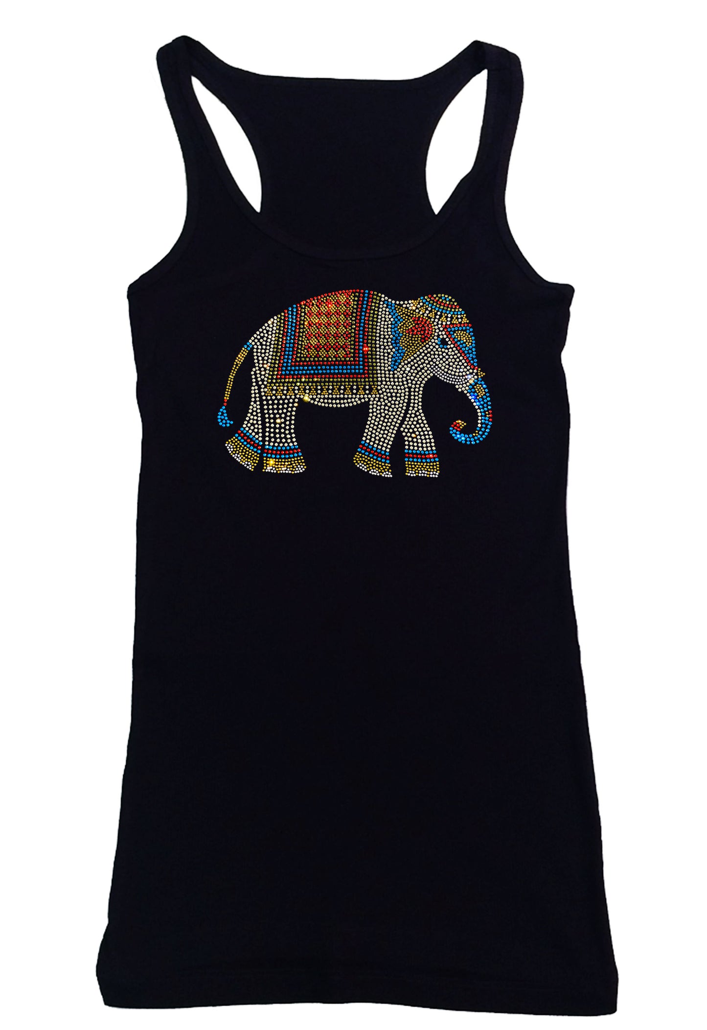 Women's Rhinestone Fitted Tight Snug Shirt Colorful Indian Elephant
