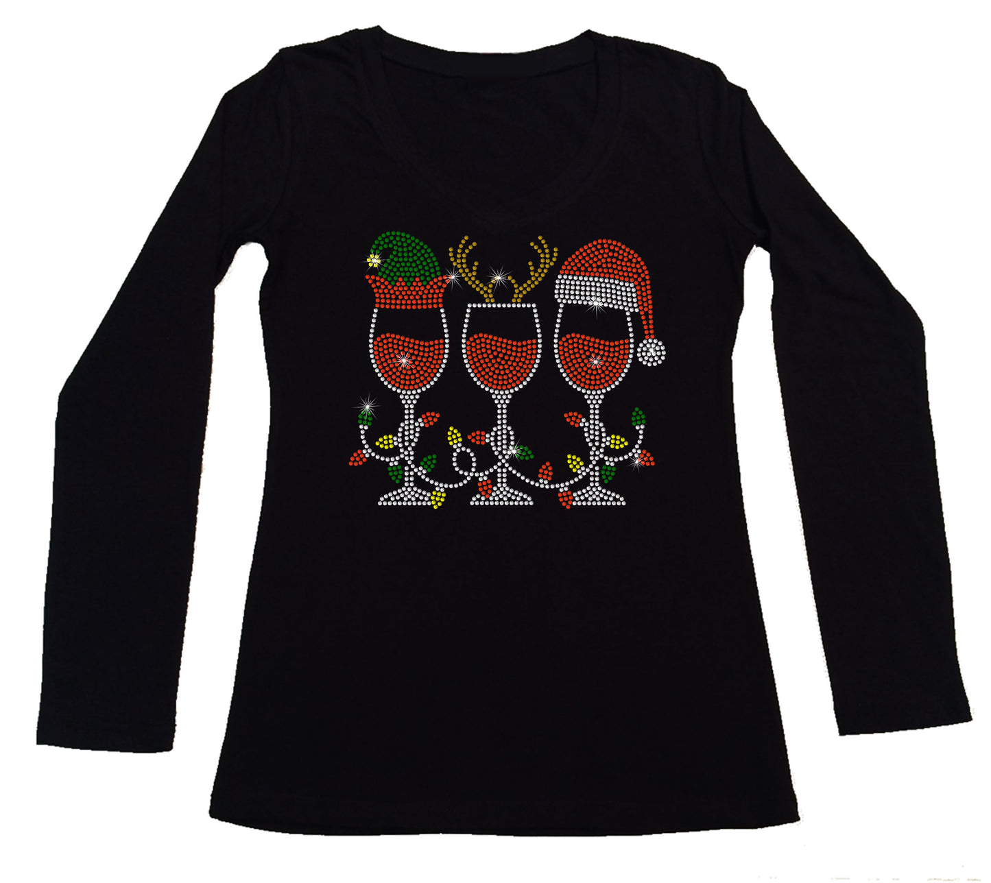 Women's Rhinestone Fitted Tight Snug Shirt Elf Reindeer Santa Hat Wine Cups - Wine Shirt, Christmas Shirt