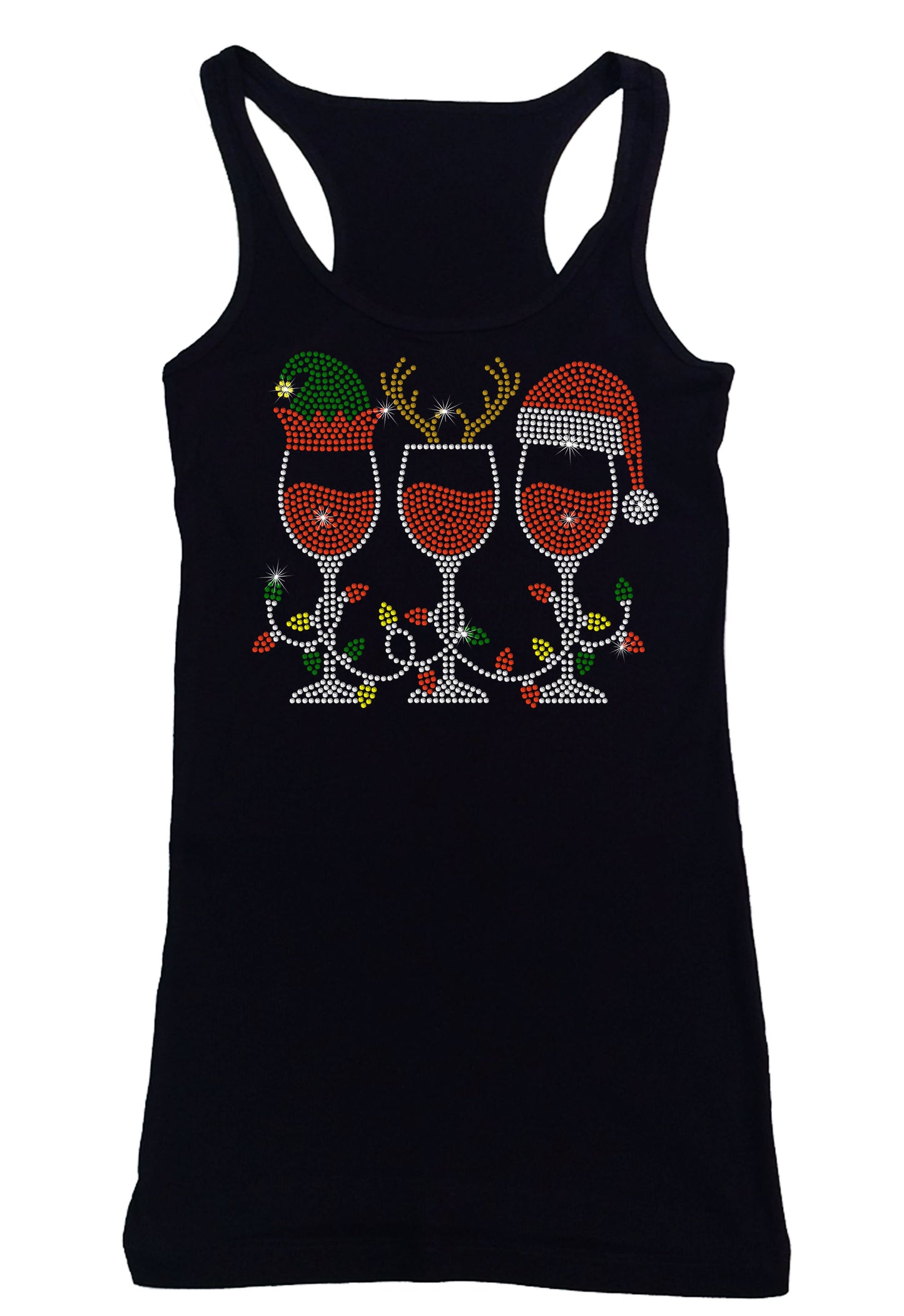 Women's Rhinestone Fitted Tight Snug Shirt Elf Reindeer Santa Hat Wine Cups - Wine Shirt, Christmas Shirt