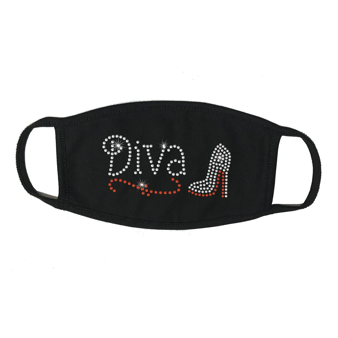 Rhinestone Embellished Black Face Mask with Face Cover, Diva with Heel