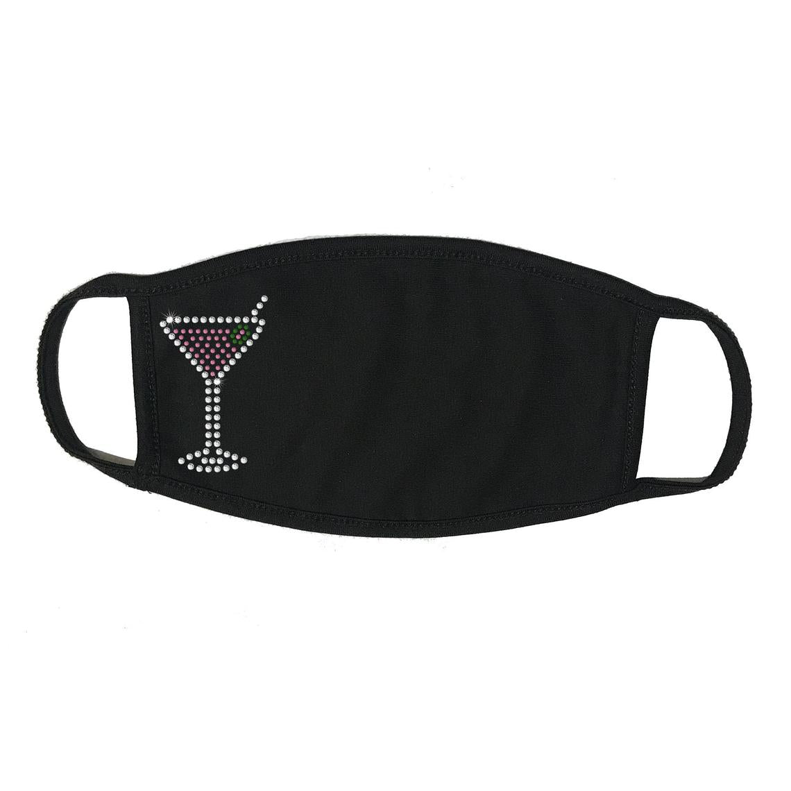 Rhinestone Embellished BLACK Face Mask, Face Cover with Martini Drink