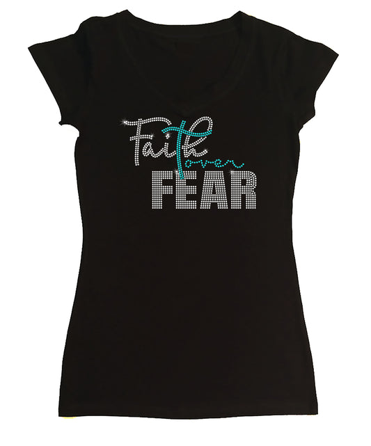 Womens T-shirt with Faith Over Fear in Rhinestones