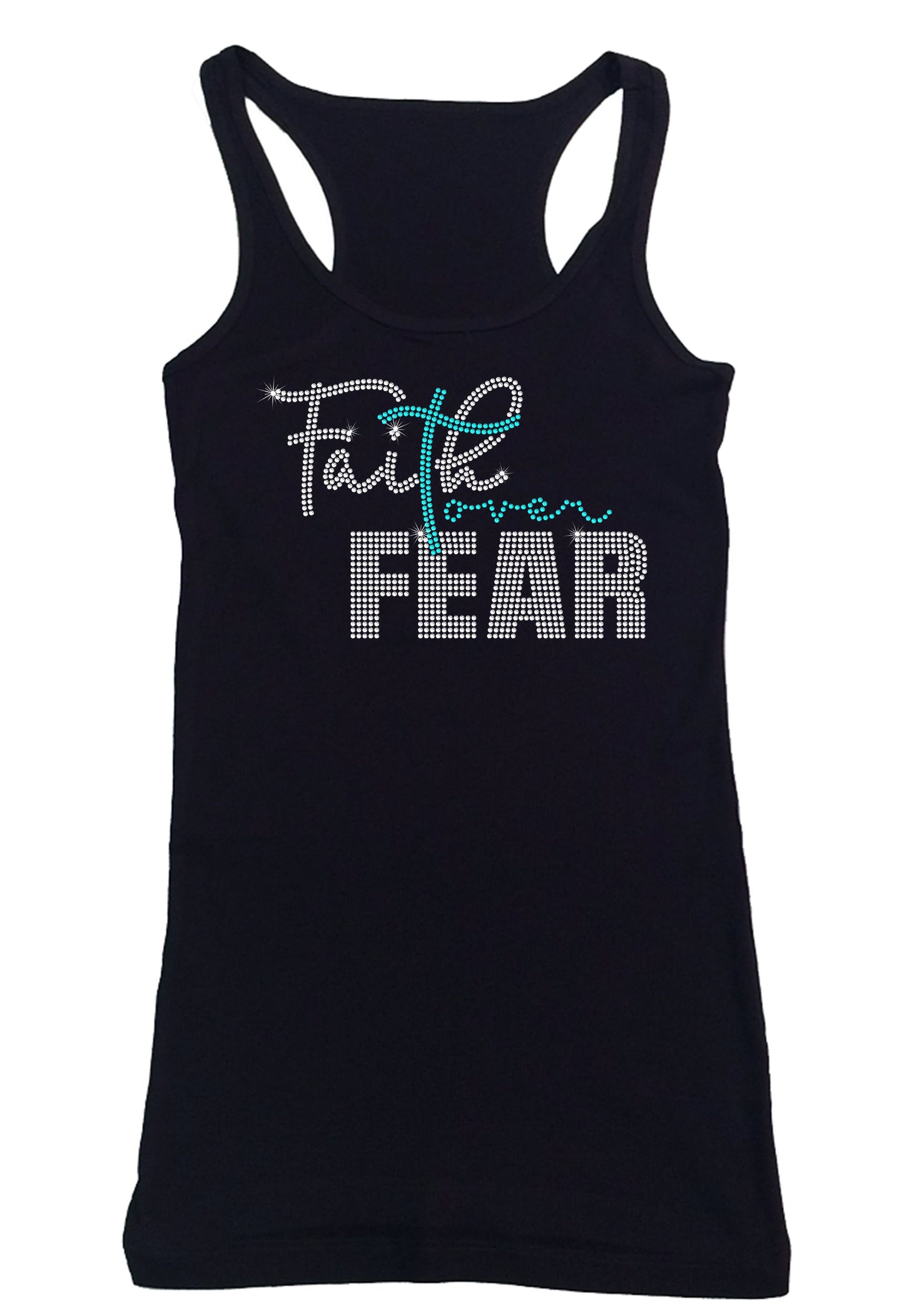 Womens T-shirt with Faith Over Fear in Rhinestones