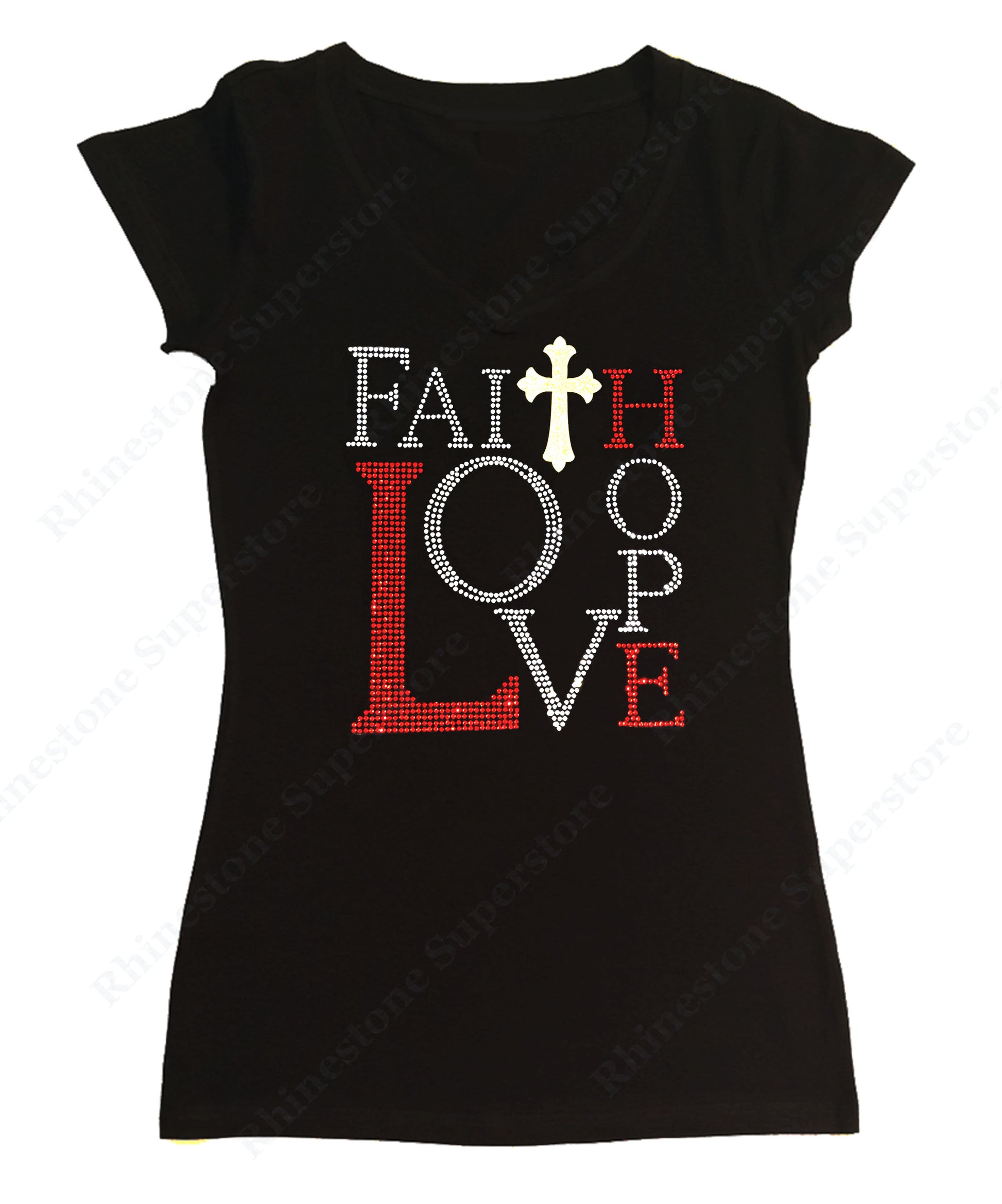 Womens T-shirt with Faith, Love, Hope in Rhinestones