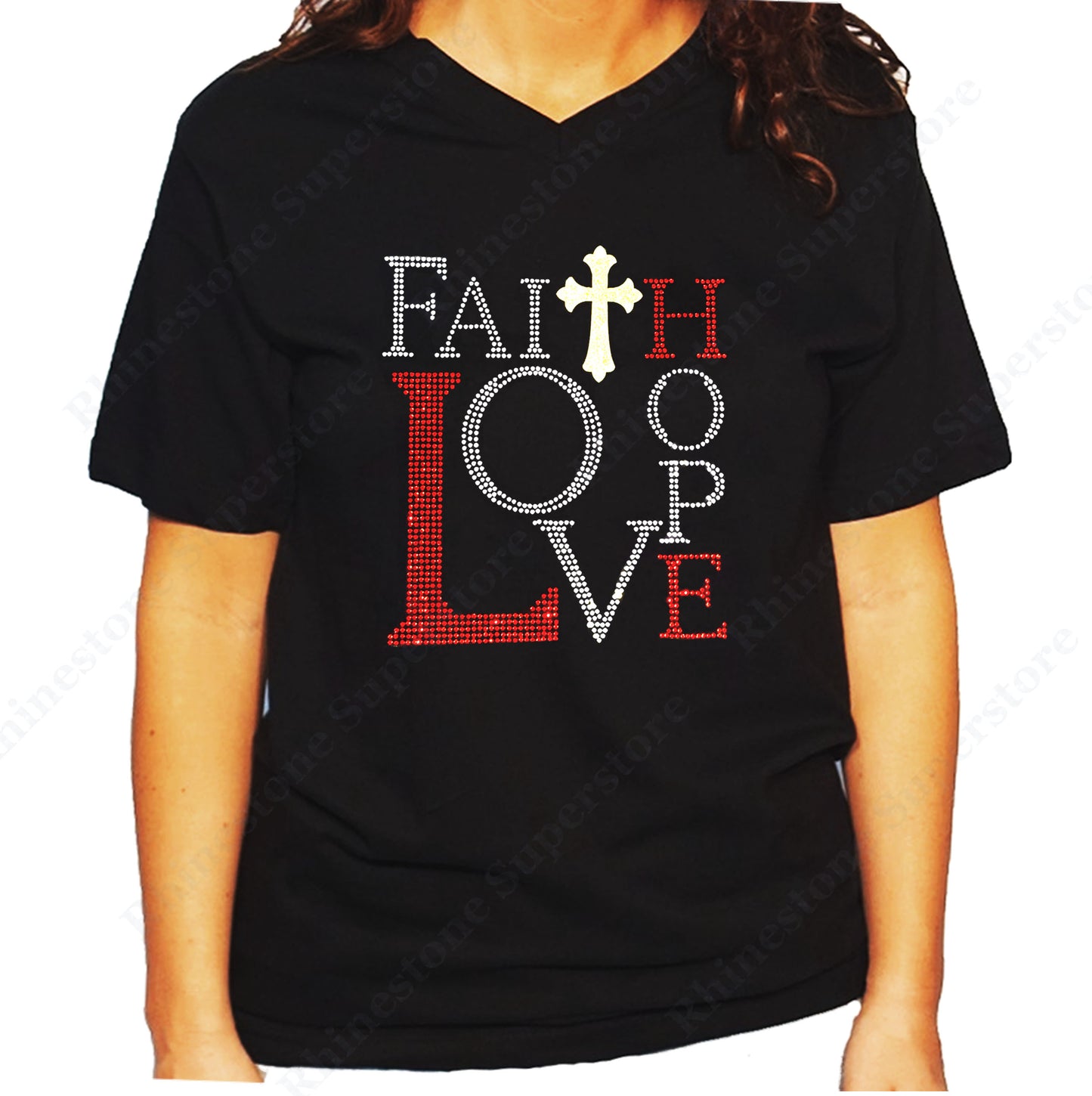 Women's / Unisex T-Shirt with Faith, Love, Hope in Rhinestones