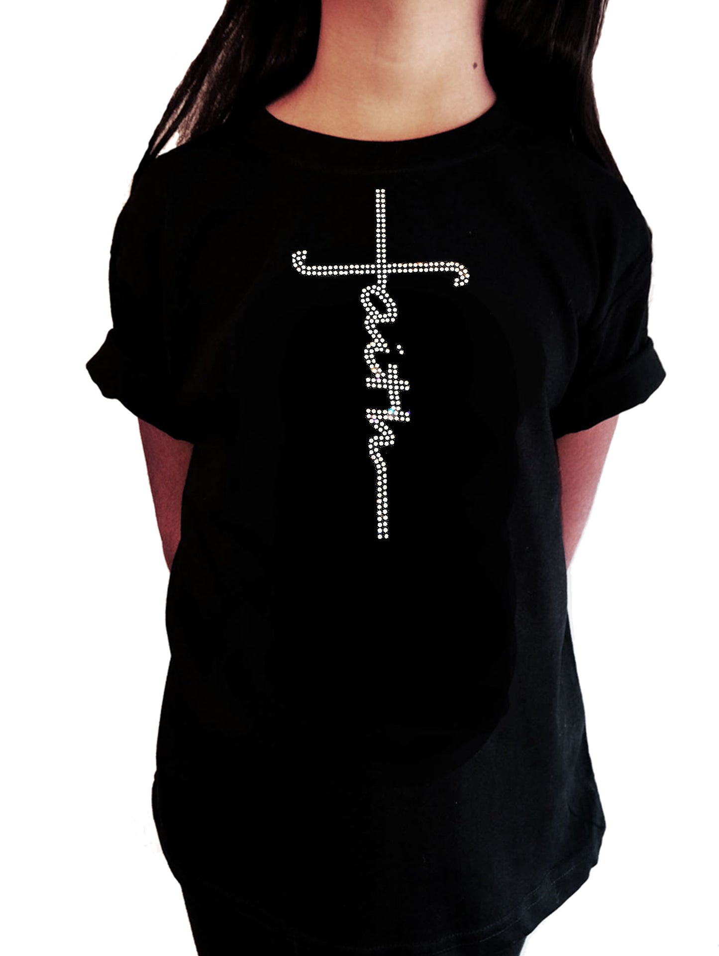 Girls Rhinestone T-Shirt " Faith Script Cross in Rhinestones " Kids Size 3 to 14 Available