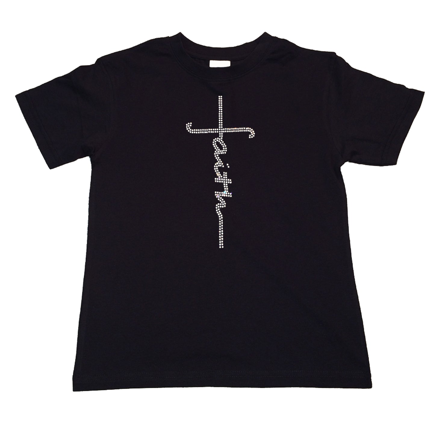 Girls Rhinestone T-Shirt " Faith Script Cross in Rhinestones " Kids Size 3 to 14 Available