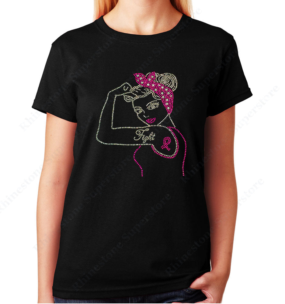 Women's / Unisex T-Shirt with Fight Cancer Pin-up Ribbon in Rhinestones