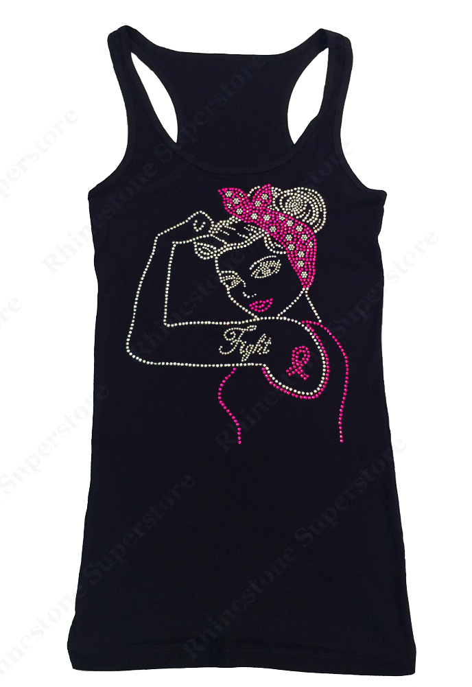 Womens T-shirt with Fight Cancer Pin Up with Ribbon in Rhinestones