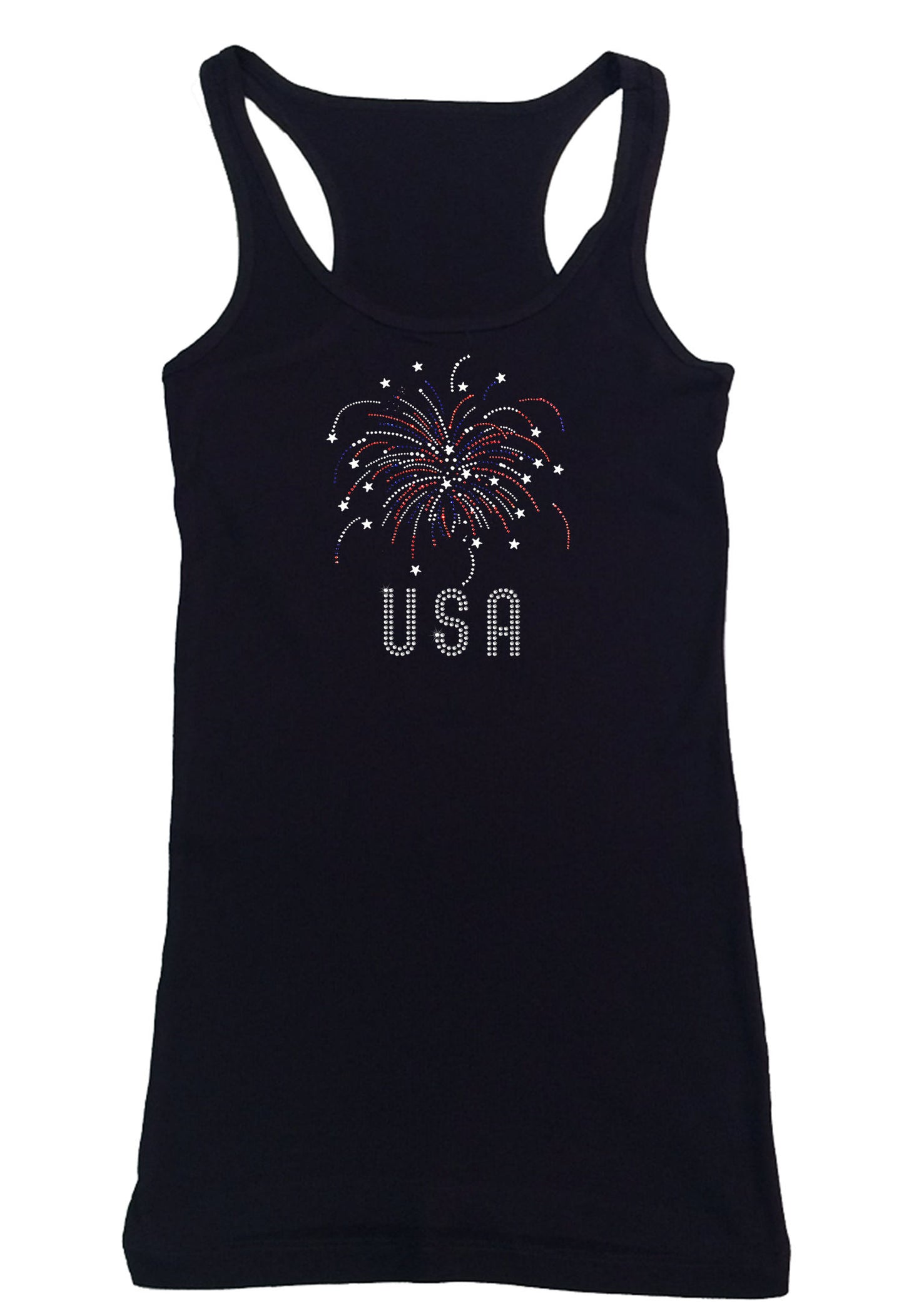 Womens T-shirt with Fireworks USA in Rhinestones