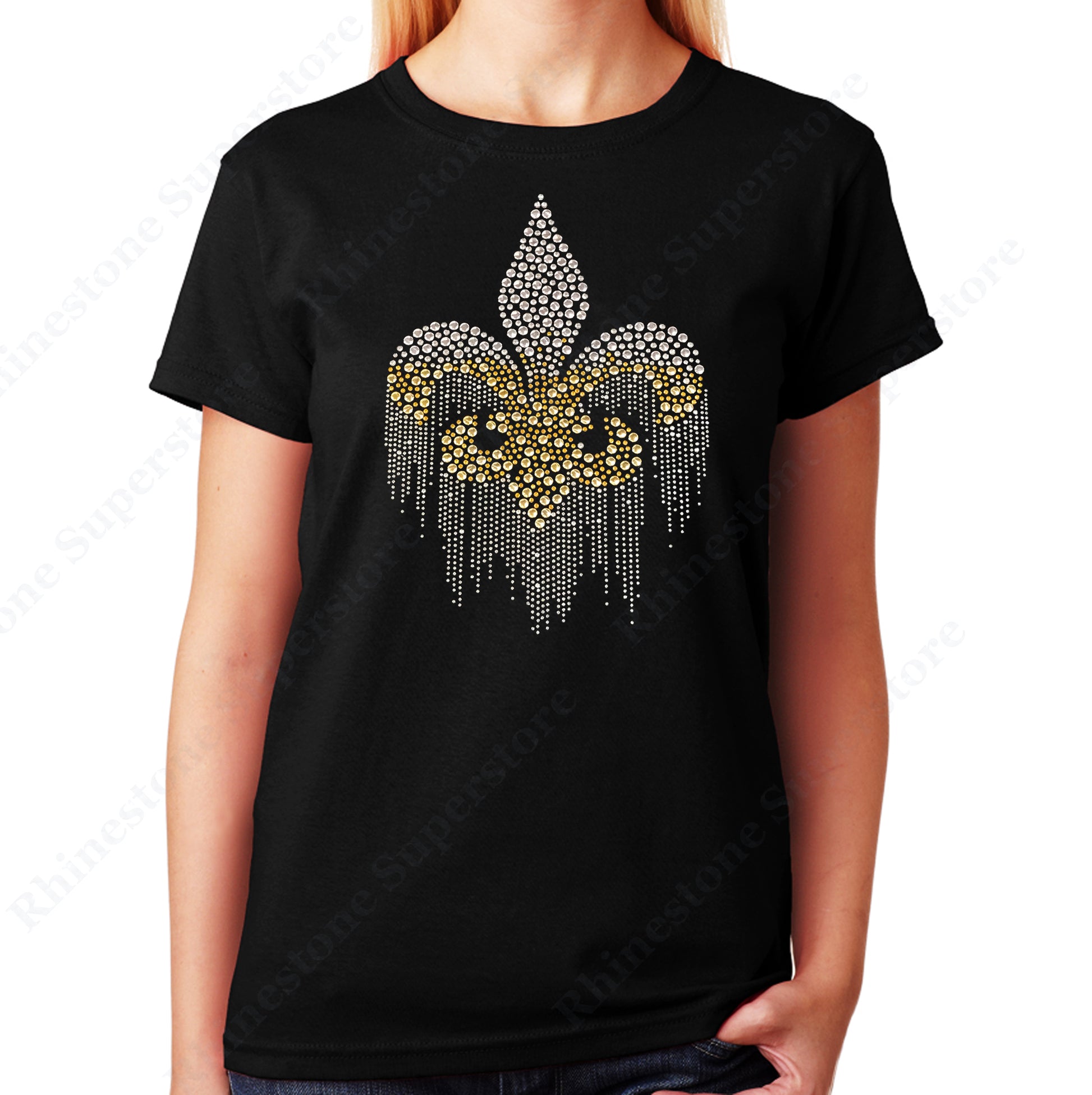 Unisex T-Shirt with Fluer de Lis Dripping in Silver and Gold Rhinestuds