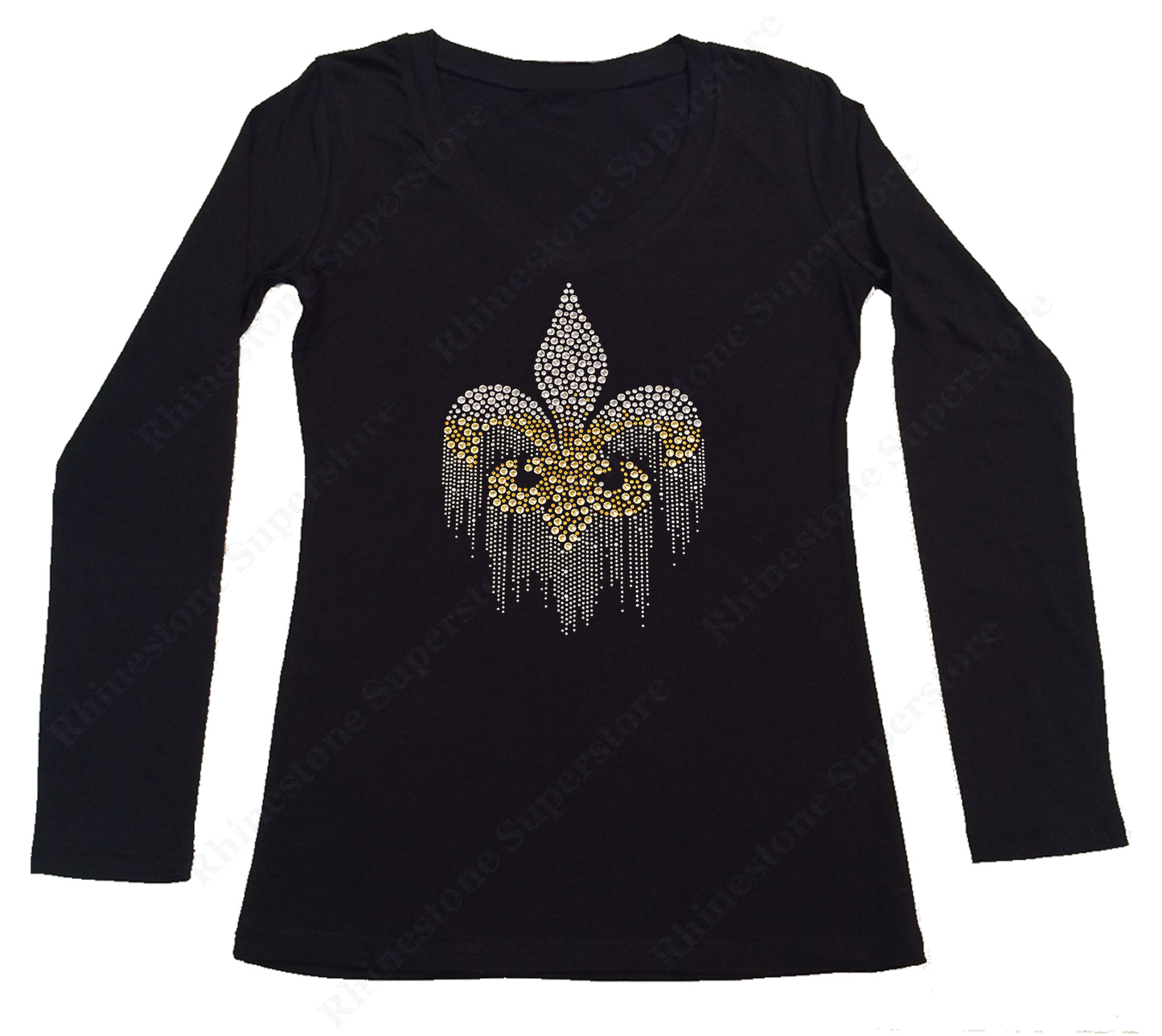 Womens T-shirt with Fluer de Lis Dripping in Silver and Gold Rhinestuds