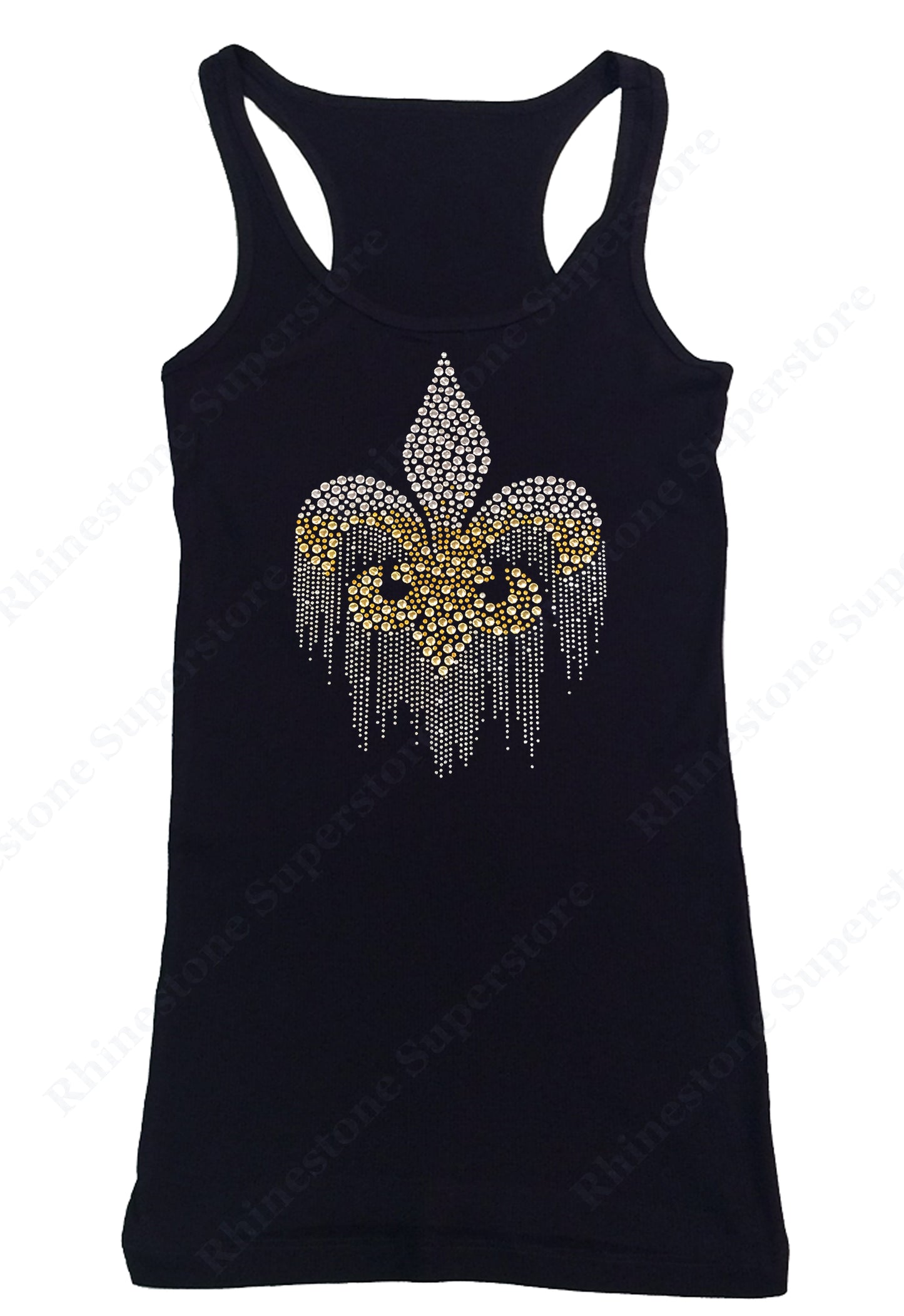 Womens T-shirt with Fluer de Lis Dripping in Silver and Gold Rhinestuds