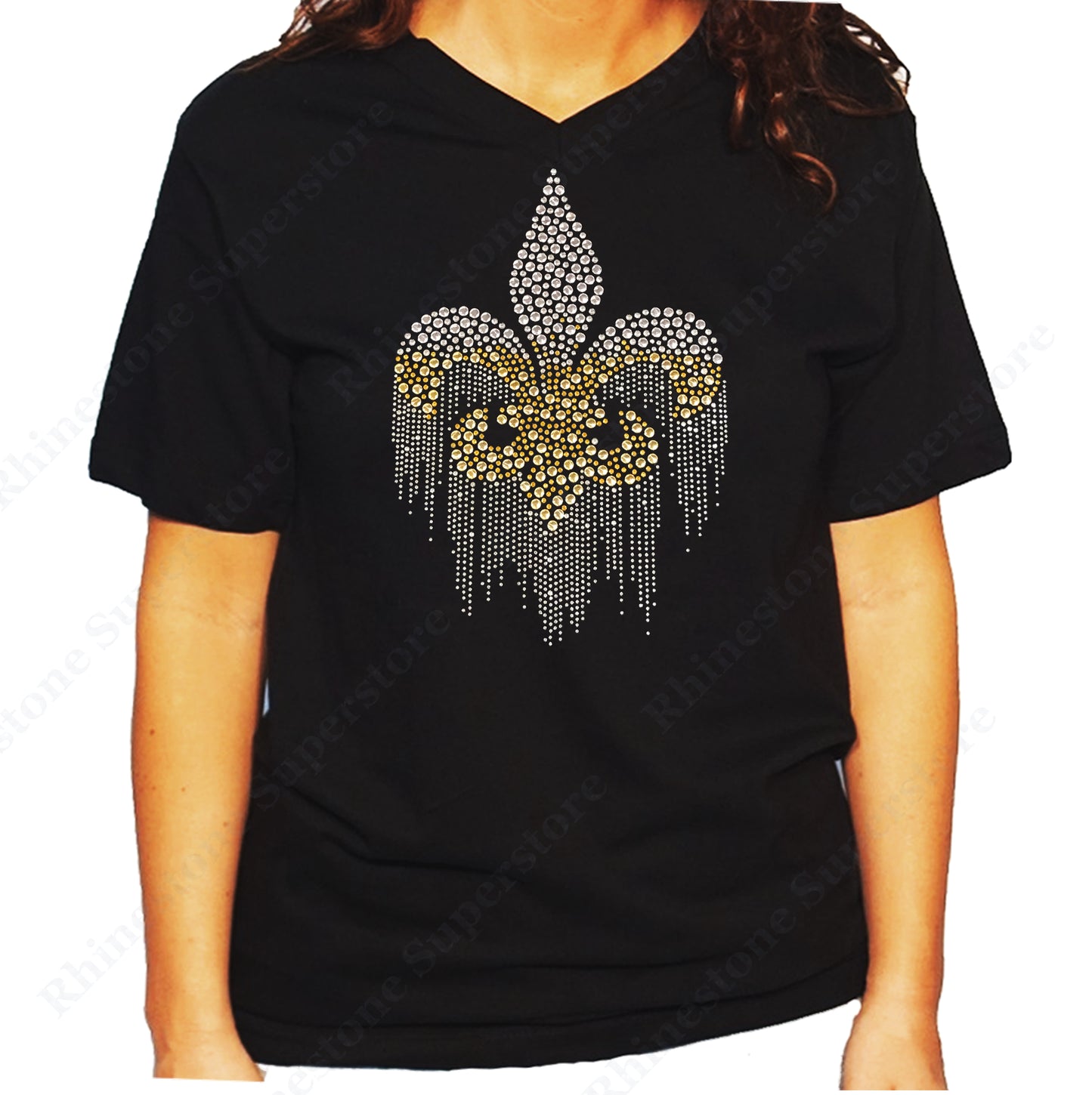 Women's / Unisex T-Shirt with Fluer de Lis Dripping in Silver and Gold Rhinestuds