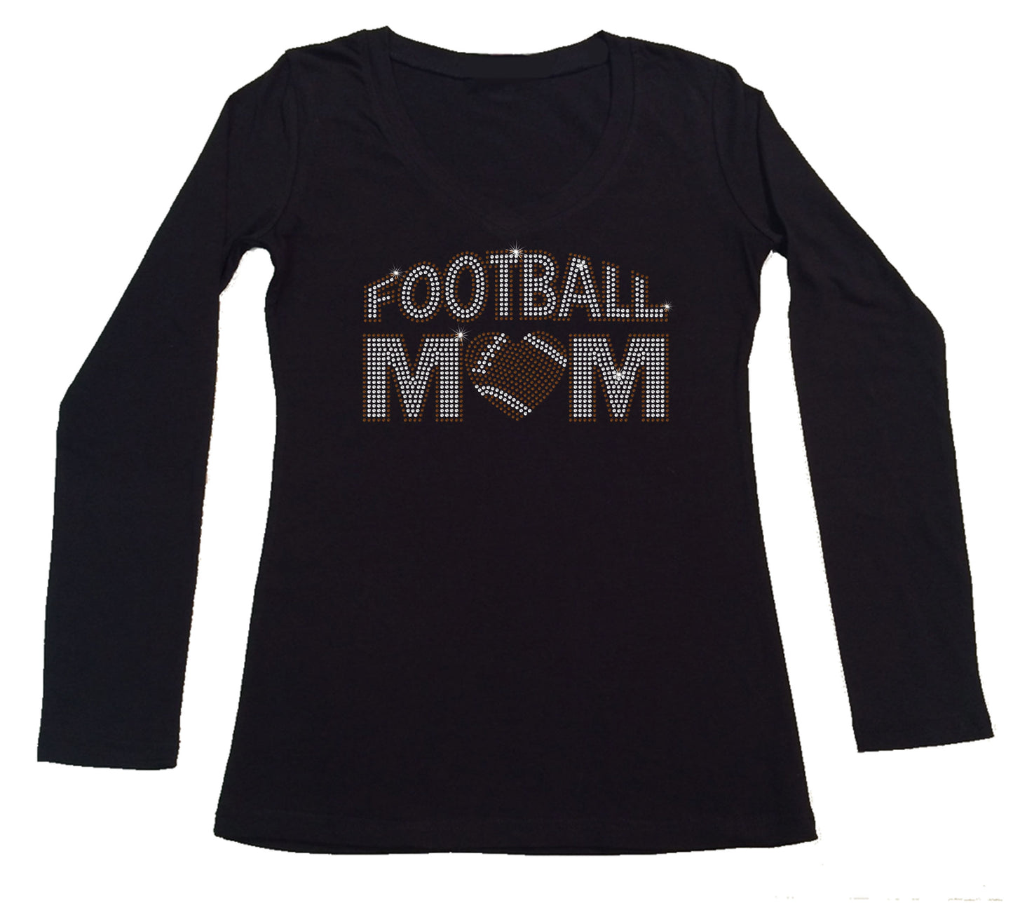 Womens T-shirt with Football Mom with Heart in Rhinestones