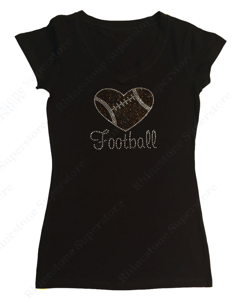 Womens T-shirt with Football Heart in Rhinestones
