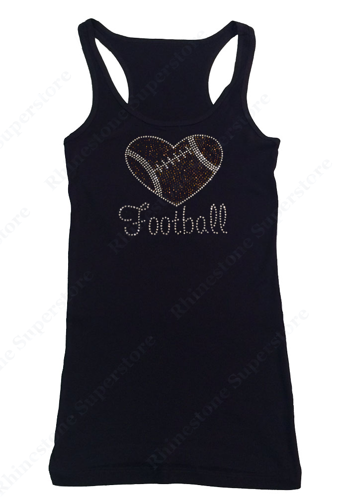 Womens T-shirt with Football Heart in Rhinestones