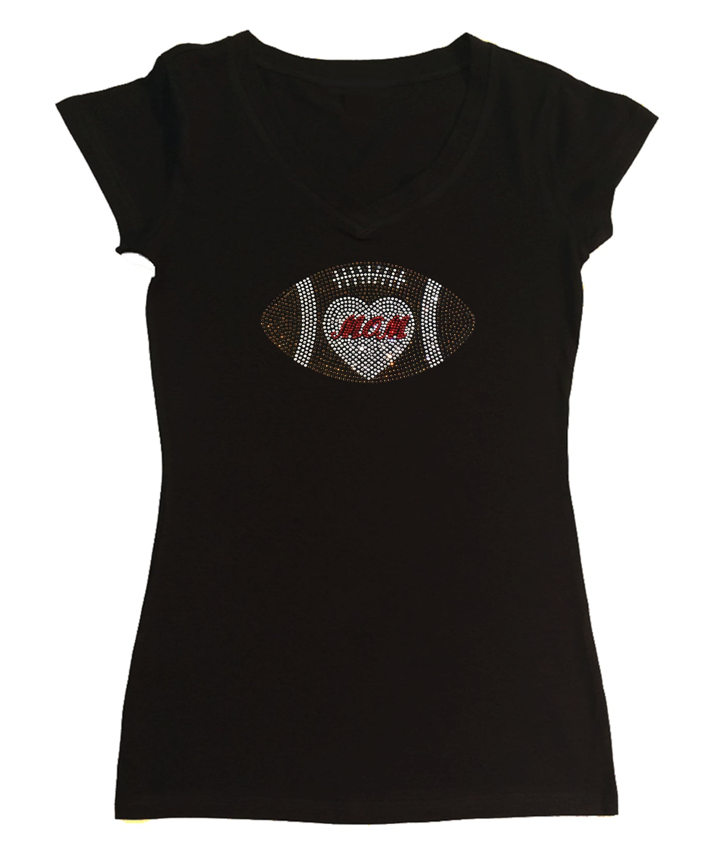 Womens T-shirt with Football Mom Heart in Rhinestones