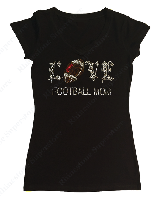 Womens T-shirt with Football Mom Love in Rhinestones