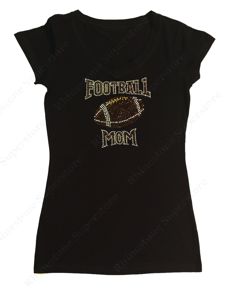 Womens T-shirt with Football Mom in Rhinestones