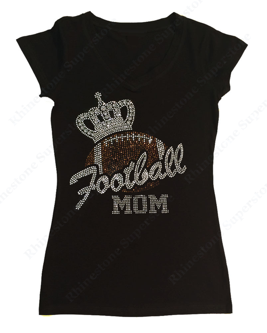Womens T-shirt with Football Mom with Crown in Rhinestones