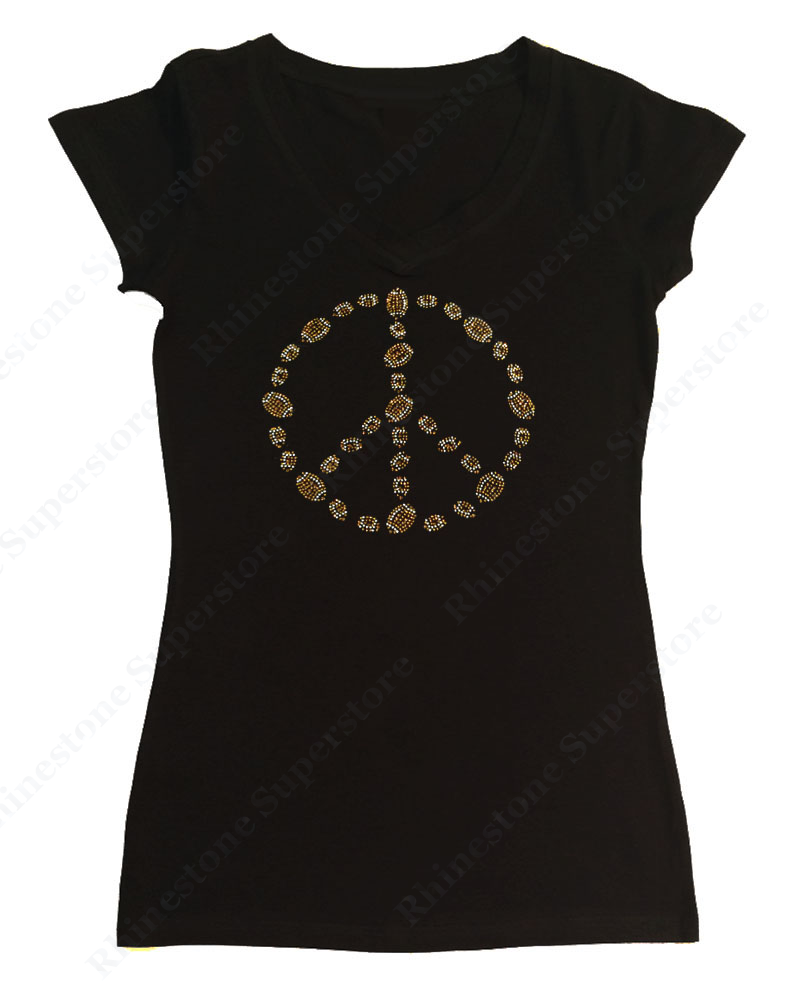 Womens T-shirt with Football Peace Sign in Rhinestones