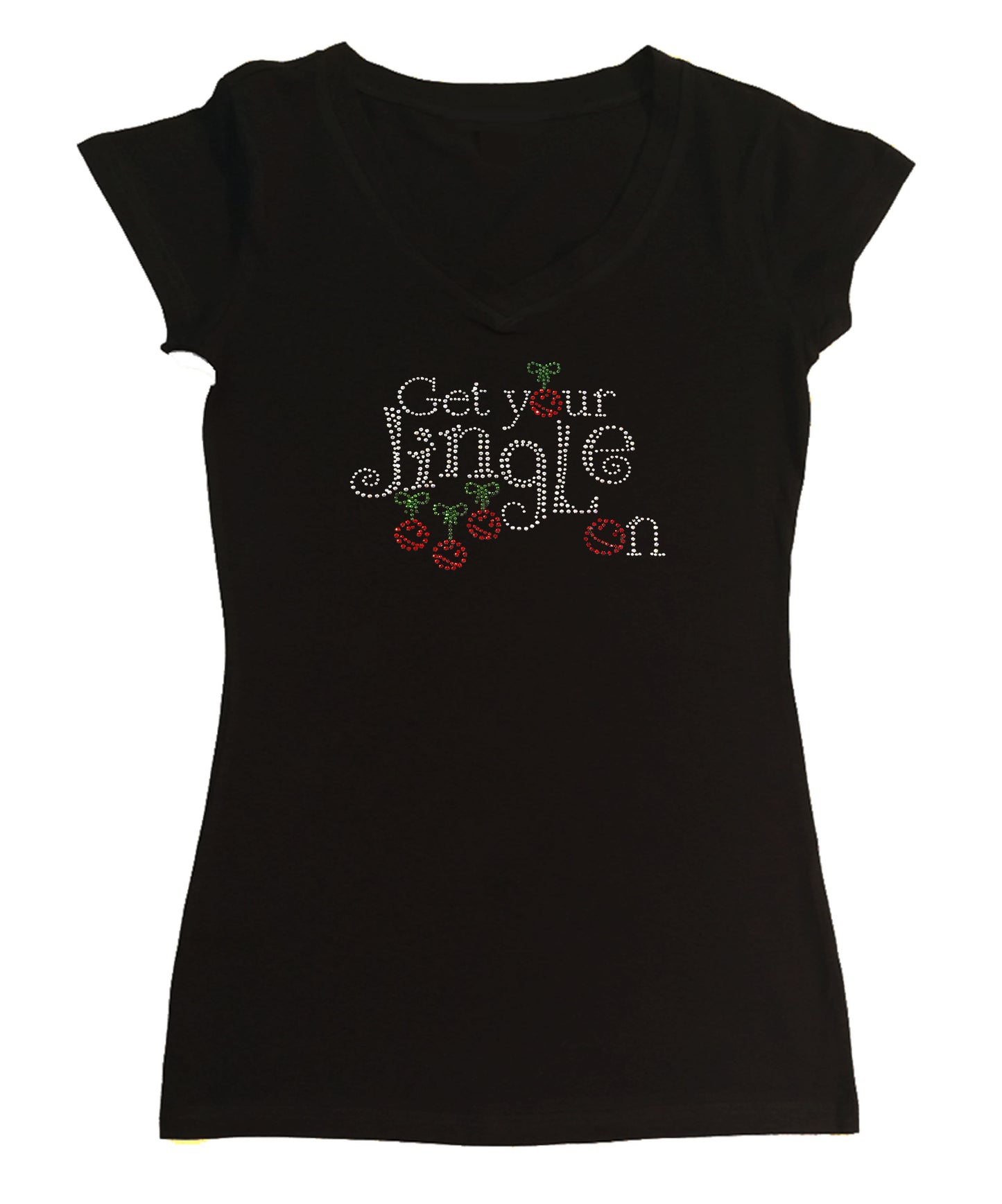 Womens T-shirt with Get your Jingle On Christmas in Rhinestones