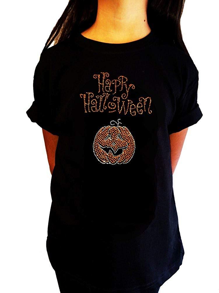 Girls Rhinestone T-Shirt NEW " Happy Halloween " Size 3 to 14 Available Pumpkin