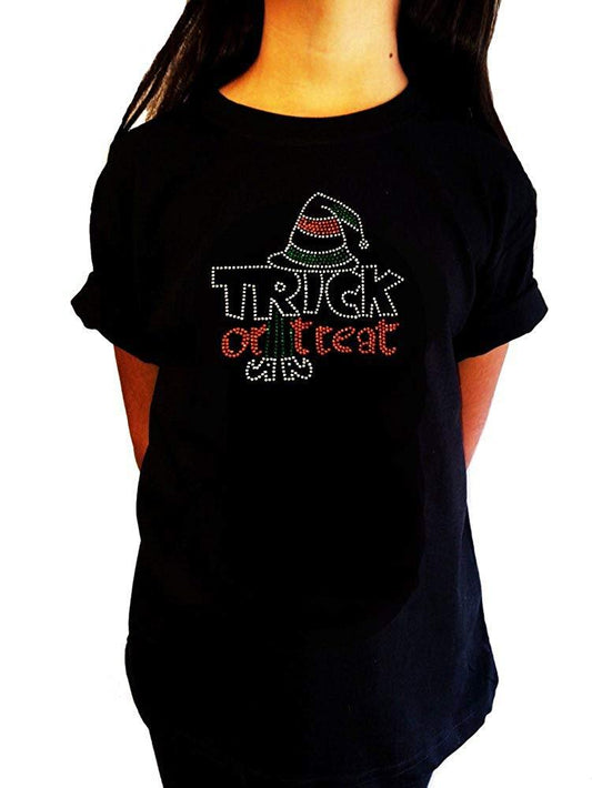 Girls Rhinestone T-Shirt " Trick or Treat " with Witch Hat for Halloween