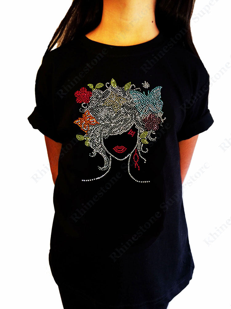 Girls Rhinestone T-Shirt " Girl with Colorful Butterflies " Kids Size 3 to 14 Available