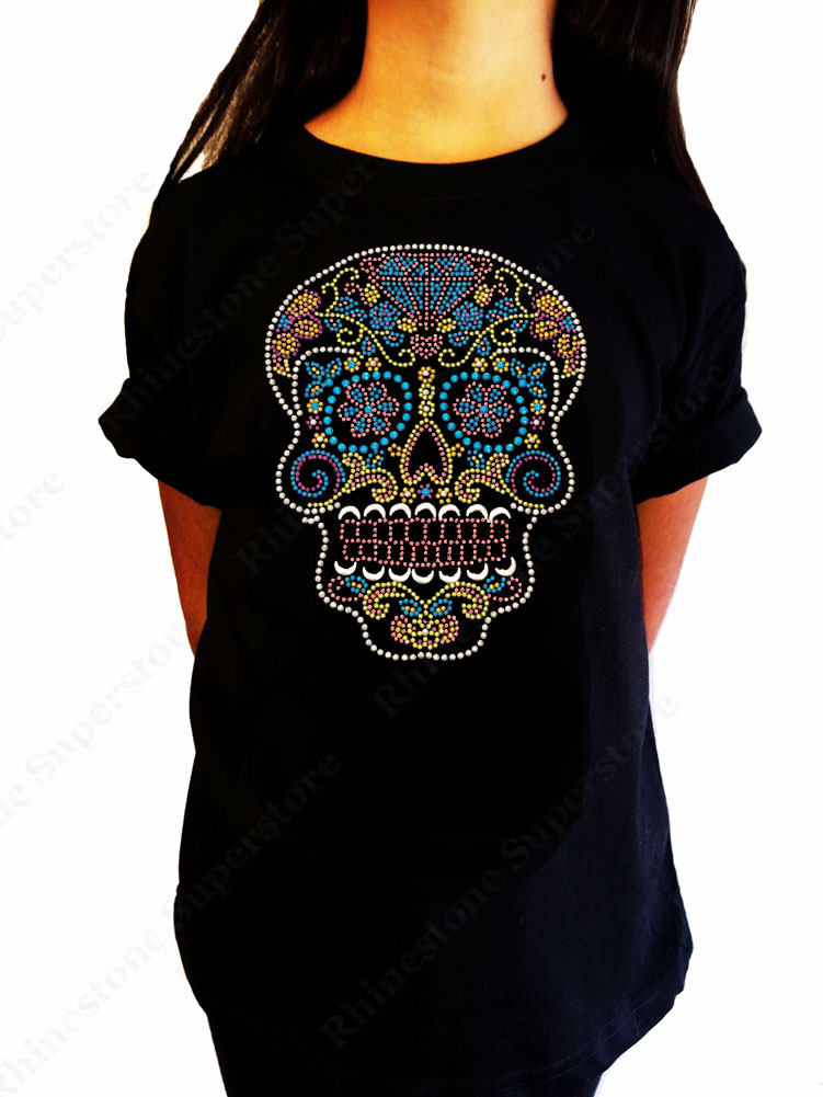 Girls Rhinestone / Suds T-Shirt " Colorful Sugar Skull " Kids Size 3 to 14 Available, Halloween