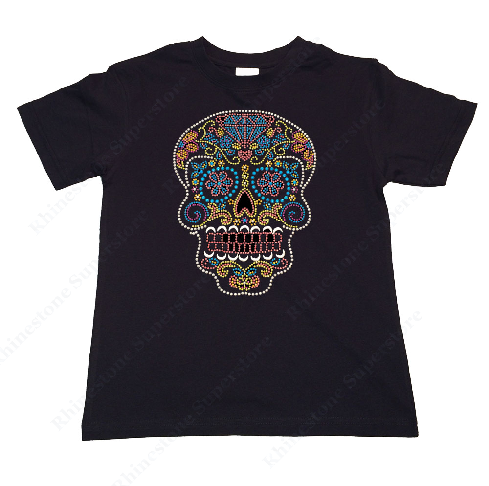 Girls Rhinestone / Suds T-Shirt " Colorful Sugar Skull " Kids Size 3 to 14 Available, Halloween