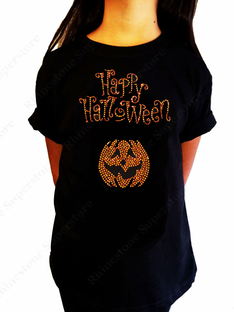 Girls Rhinestone T-Shirt " Happy Halloween w/ Pumpkin " Kids Size 3 to 14 Available